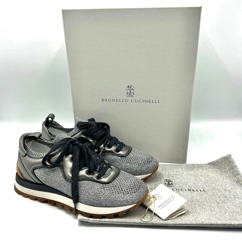 NEW Brunello Cucinelli Metallic Knit Sneakers 35.5 (US 5.5) Gray Leather Lace Up
